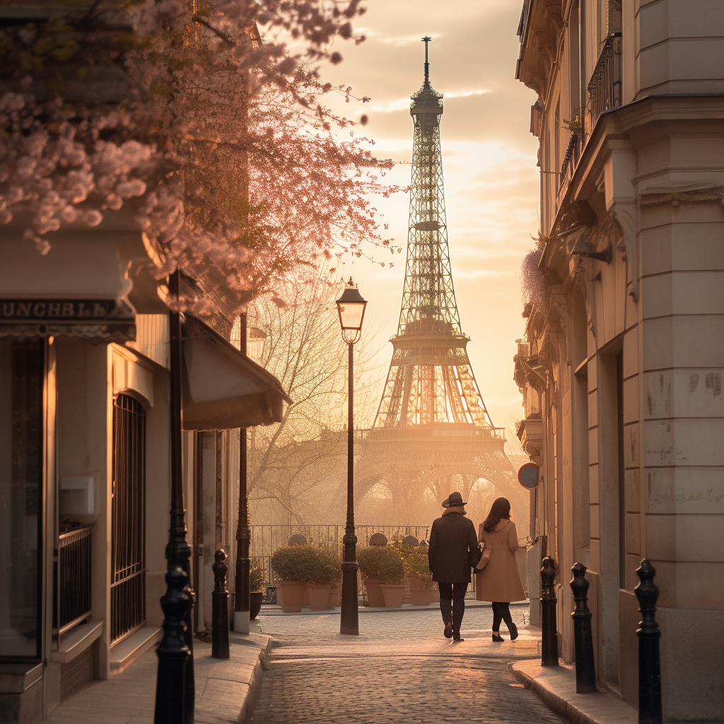 A man and woman walking towards the Eiffel Tower at dusk 