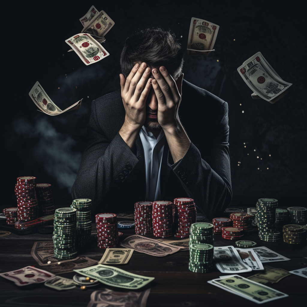 A man with his head in his hands surrounded by money and gambling chips