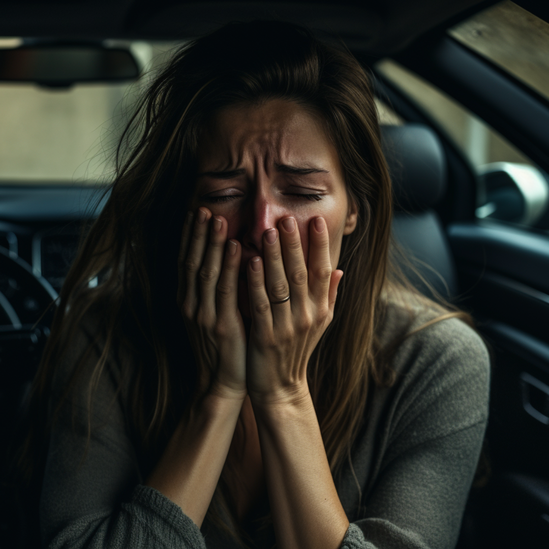 A woman clearly distressed and crying in a car with her hands over her face