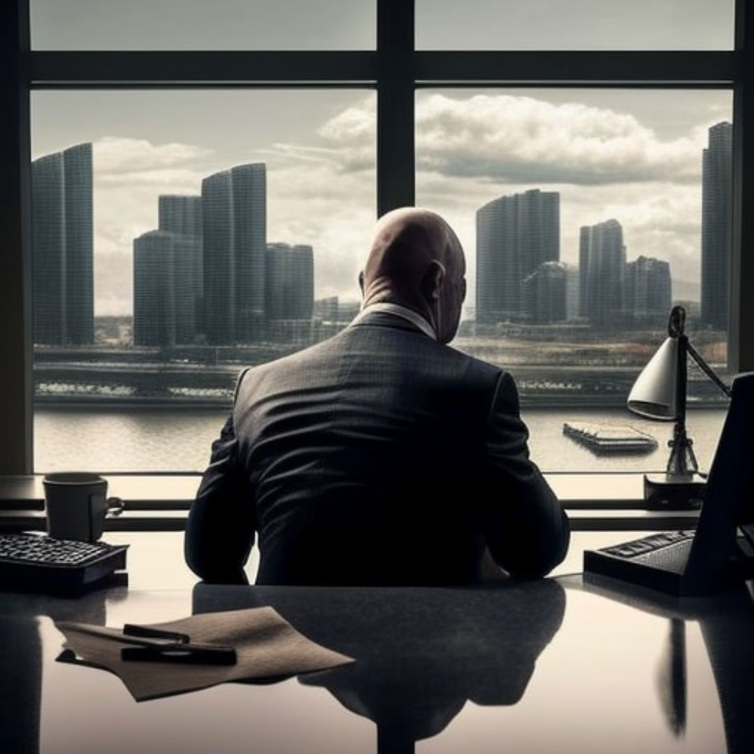 a man in a suit sitting at his desk looking out of the window at skyscrapers and a river.