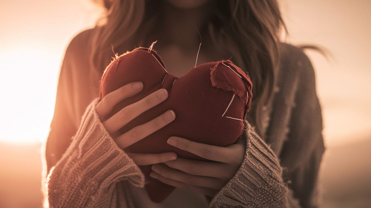 woman holding a felt red heart with white stitching