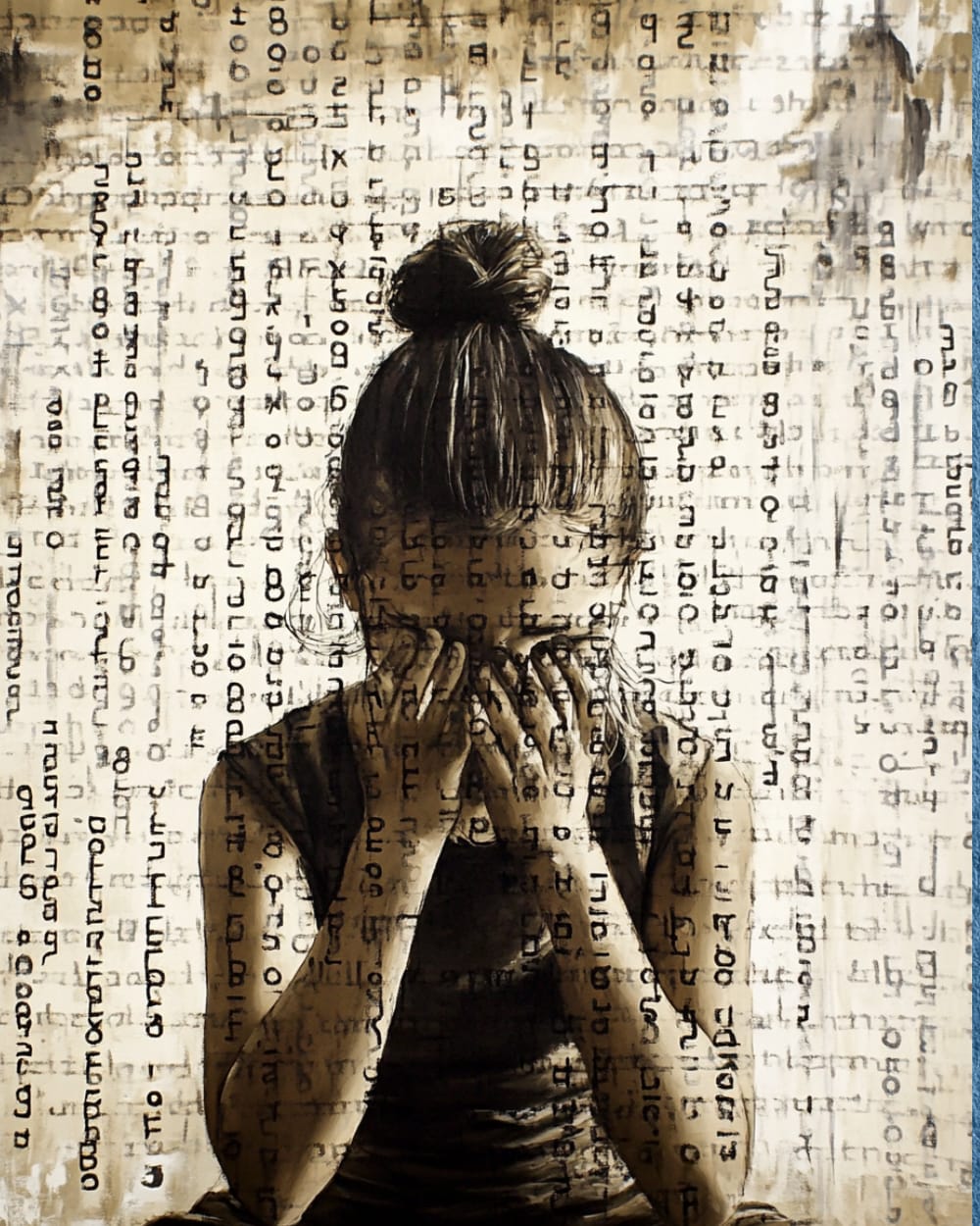 A girl with her head in her hands with word like shapes all over the image