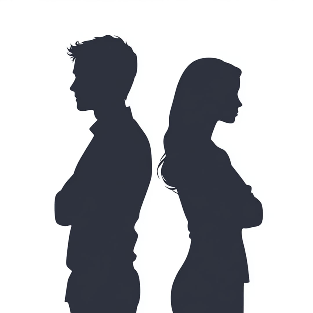 Silhouette of a man and woman back to back with folded arms