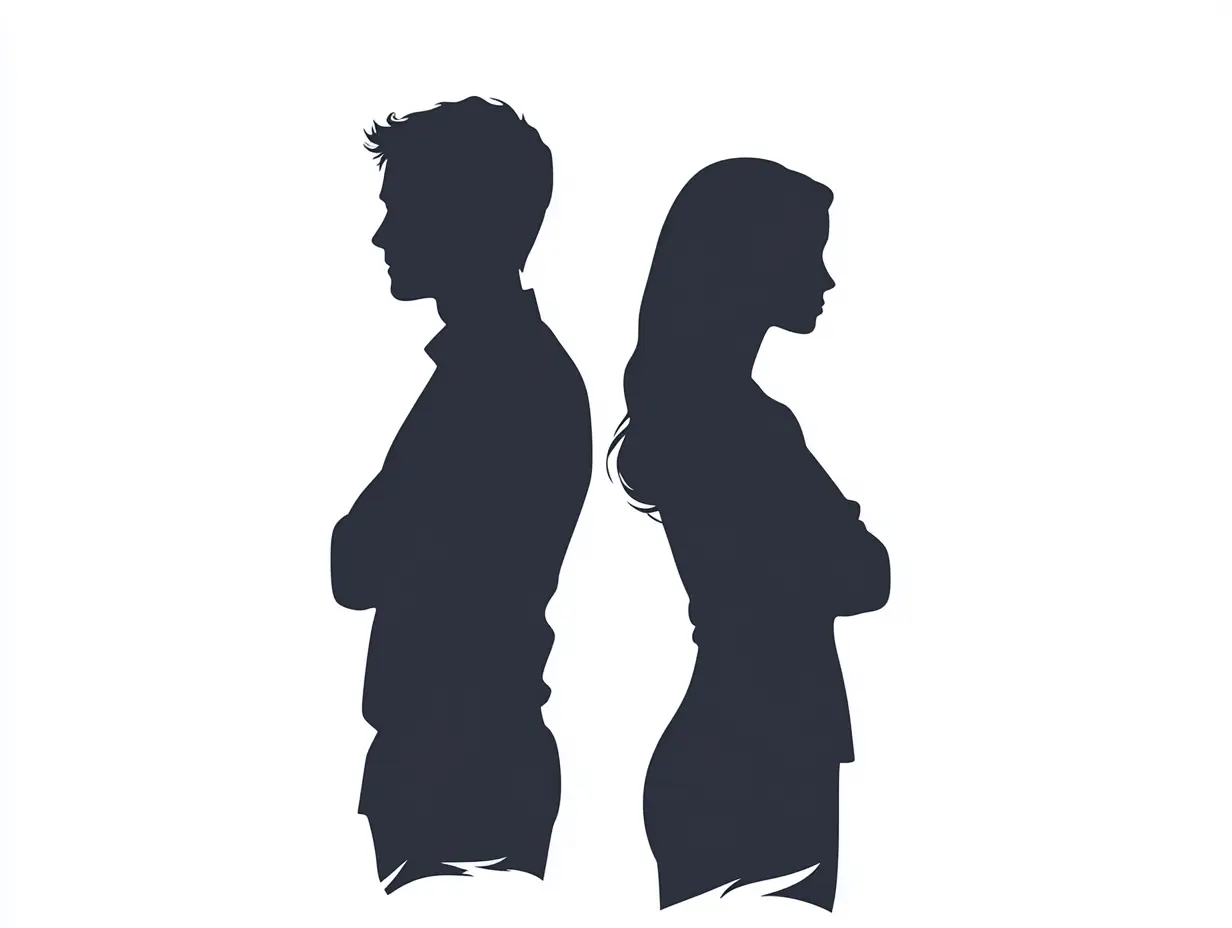  Silhouette of a man and woman back to back with folded arms