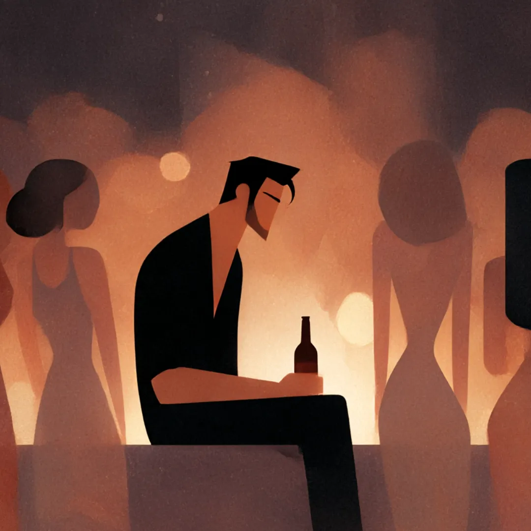 A man holding a bottle of beer looking sad and down, surrounded by women in dresses. 