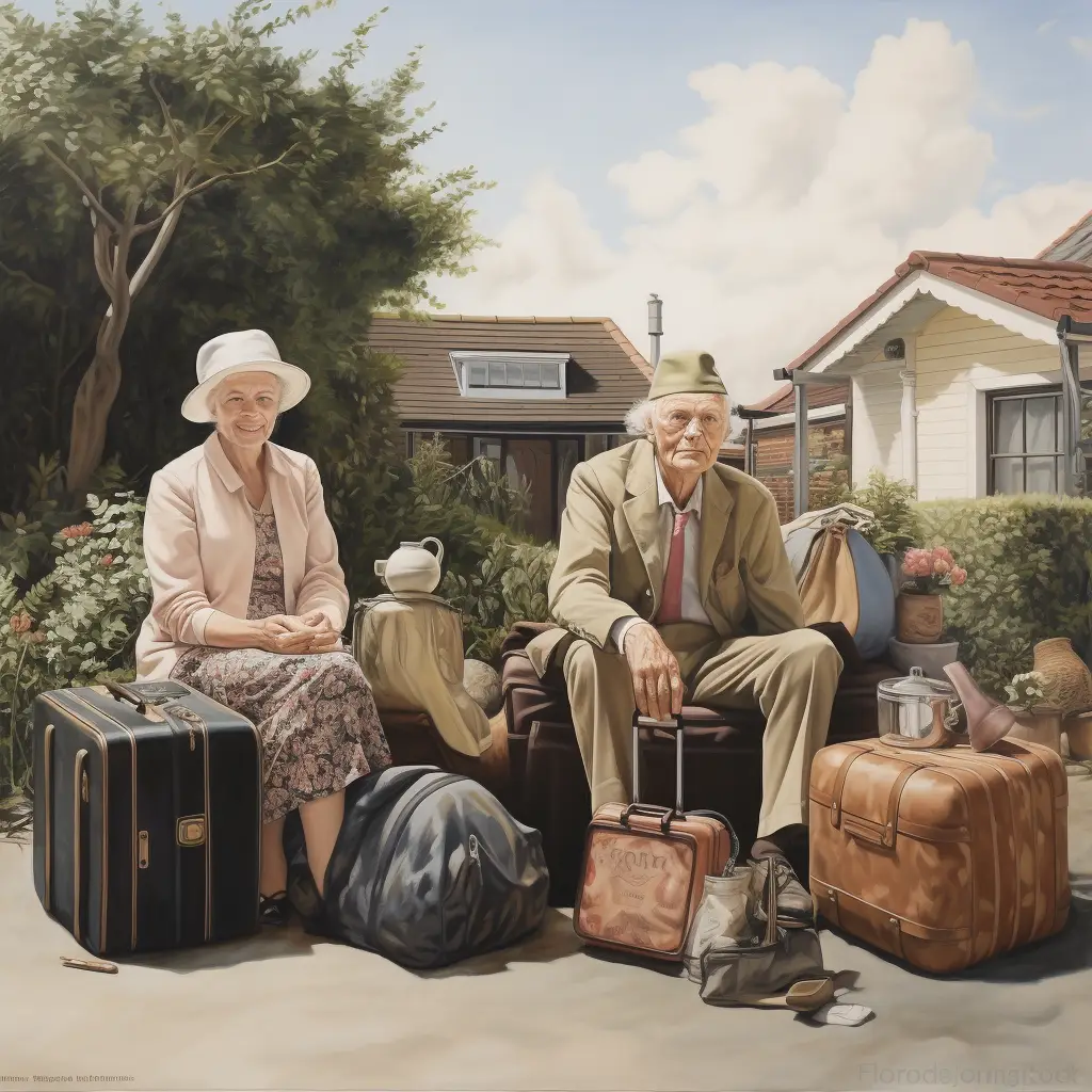 Children of divorce remain children of divorce. An elderly man and elderly woman sitting on cases in the street