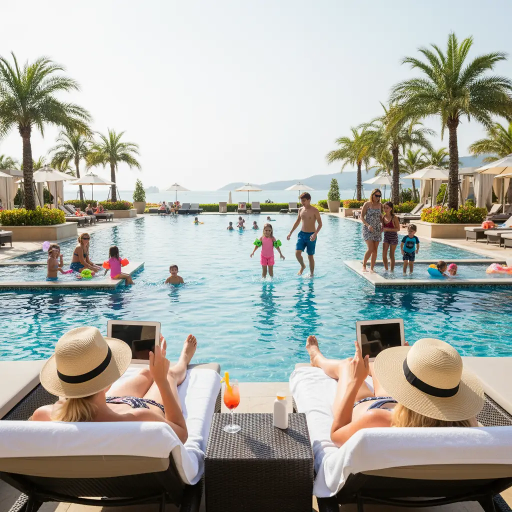 two people by a pool with kids playing, lying on sun loungers looking at their tablets researching divorce