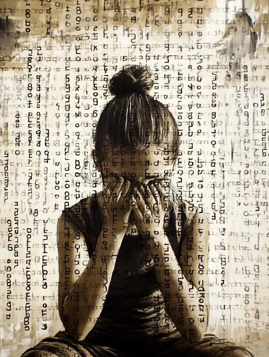 A girl with her head in her hands with word like shapes all over the image