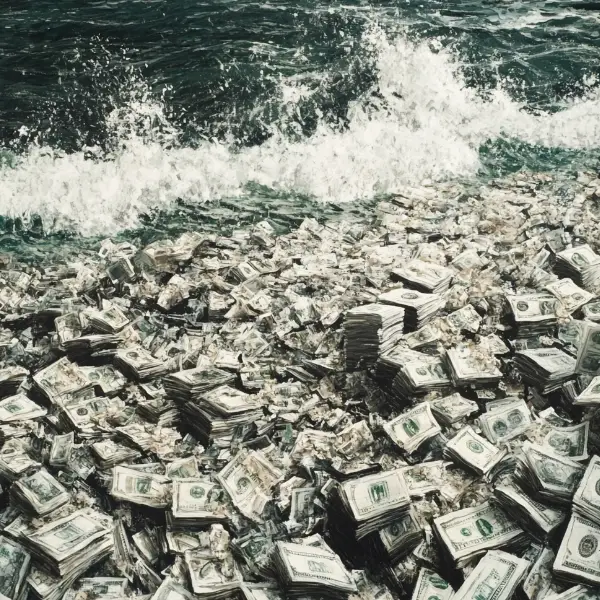 The ocean eroding away a beach of money