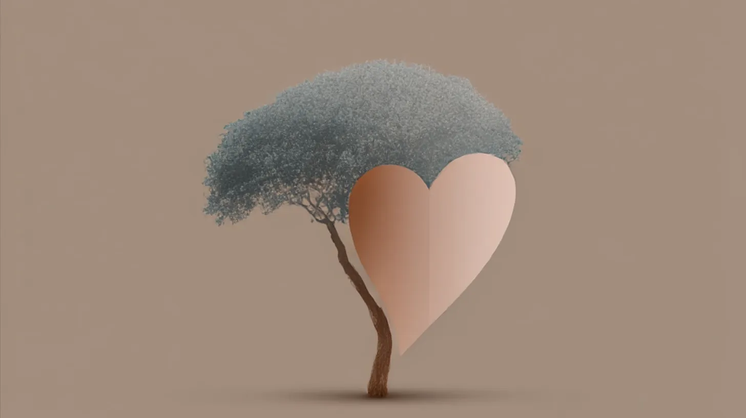 A tree with a thin trunk and a large floating pink heart