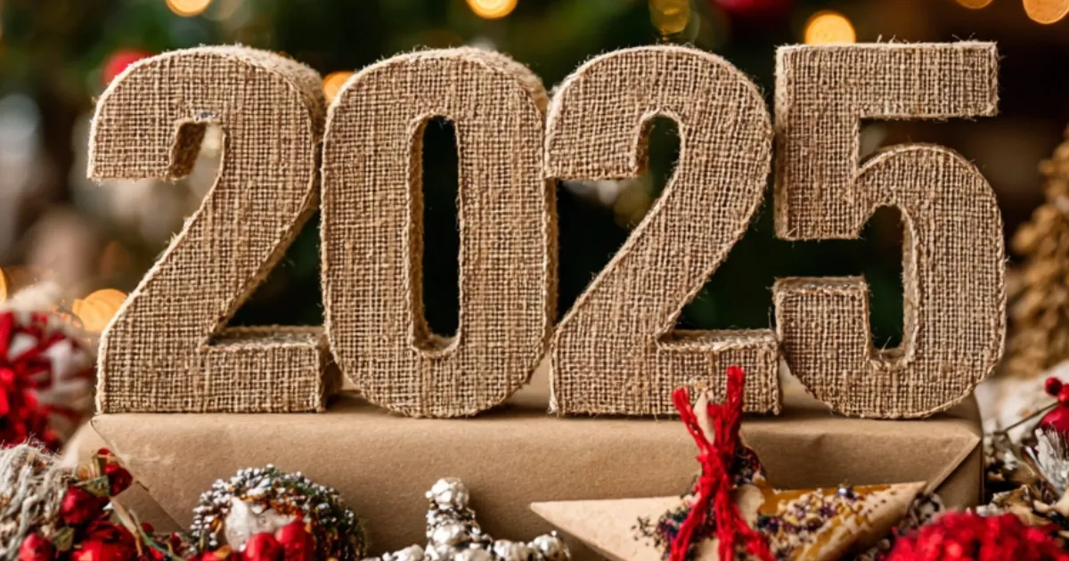 2025 in hessian on a background of Christmas decorations