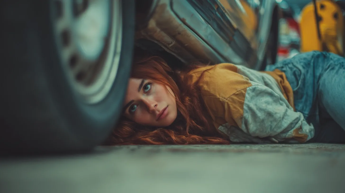 A woman in jeans and a jacket looking under the wheel of her car for a tracking device