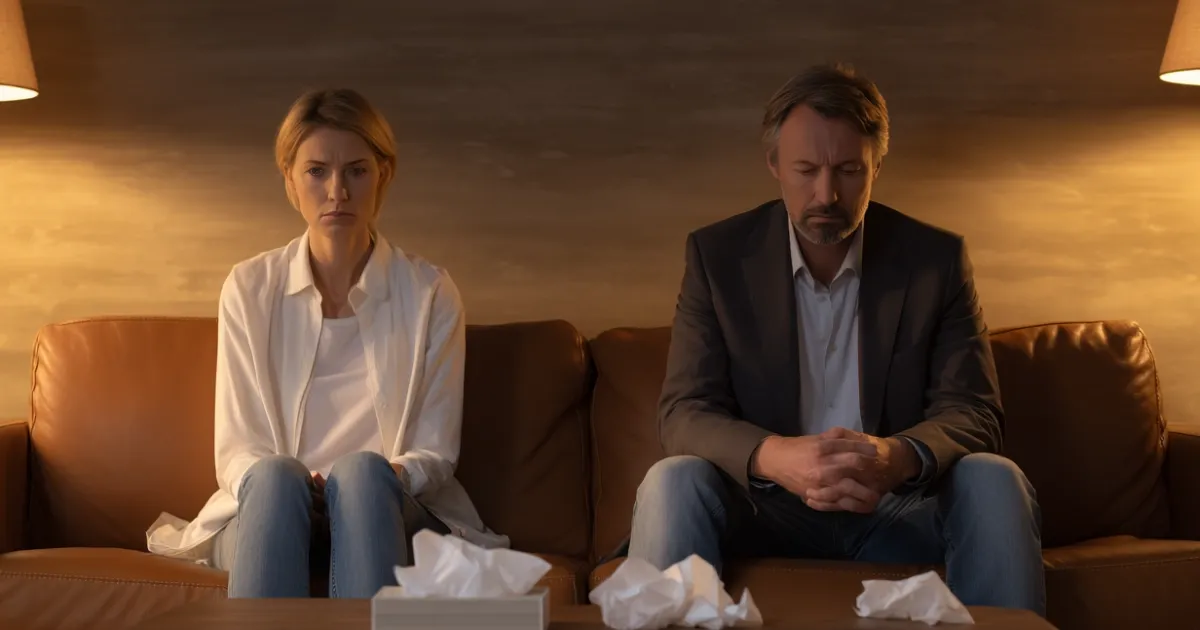  A couple sitting apart on a therapist's couch after infidelity, tissues on the table between them