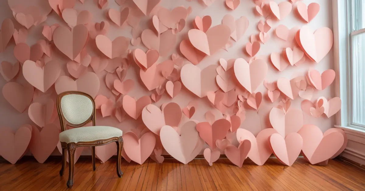 A wall of pink paper hearts and a lone chair on wooden floor. 