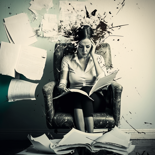 A woman sitting on a chair with her hand on her head  surrounded by paperwork