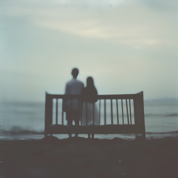 A man and woman standing in front of an empty crib staring at the ocean