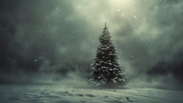 A lone, snow-covered pine tree in a snowy field under a dark, cloudy sky. mystical atmosphere.