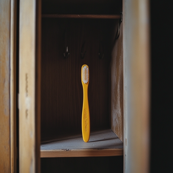 A yellow toothbrush standing upright in a dusty cupboard 
