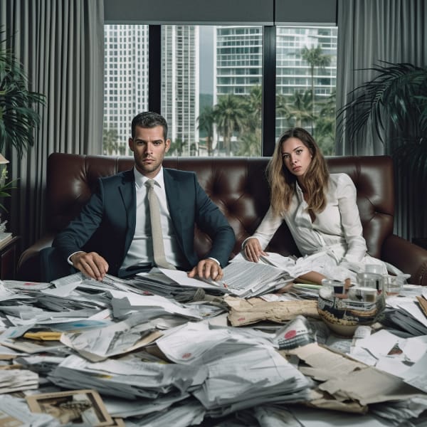 A man and woman surrounded by financial paperwork and chaos