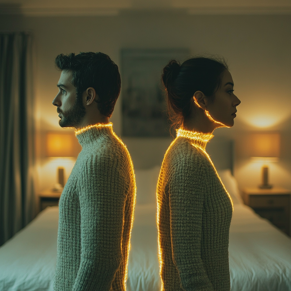 A man and a woman standing back to back in a bedroom, soft lighting 