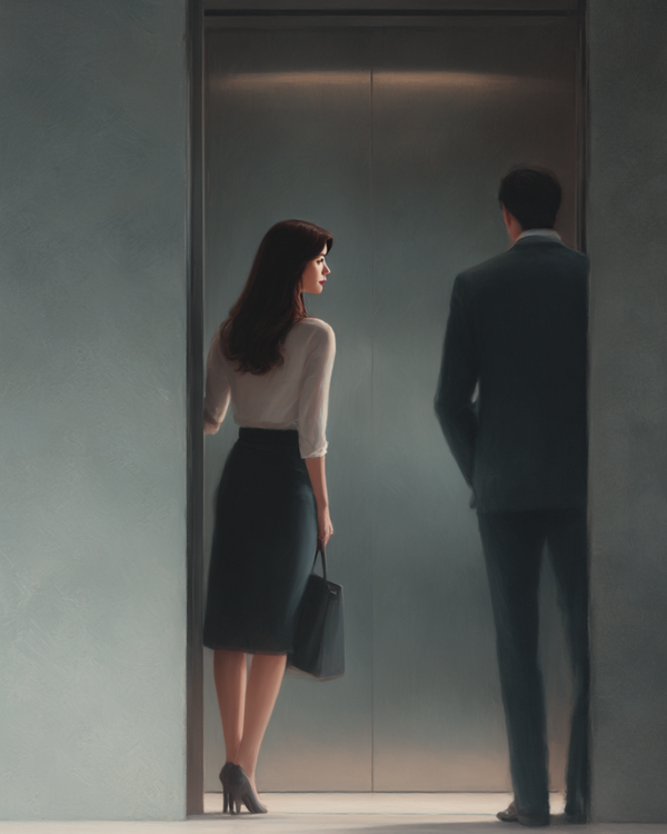 a man and a woman waiting for the elevator. 