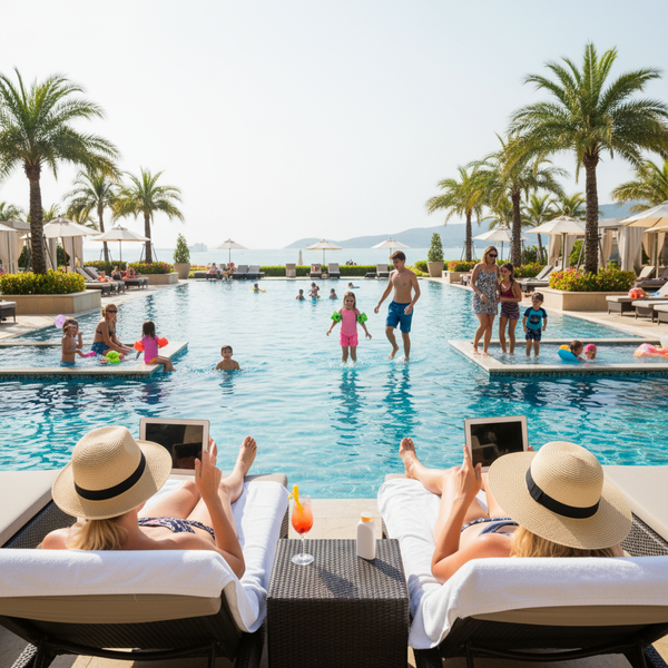 a couple by the pool at a resort both looking at their tablets and ignoring each othe