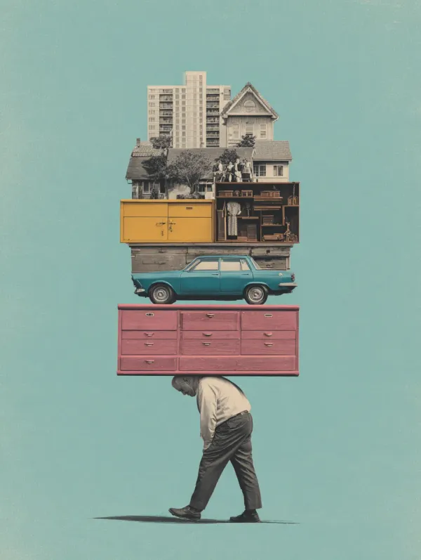 a man bent over carrying a desk, a filing cabinet, a house, a car and a family on top