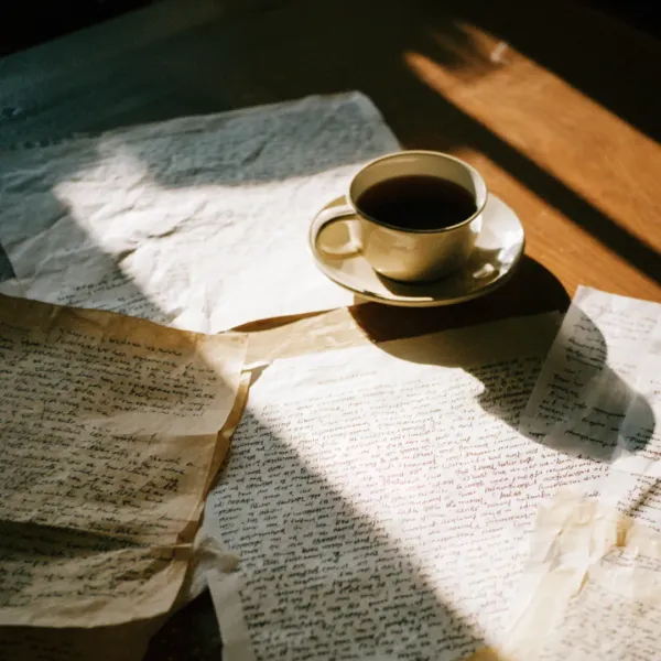 a cup of coffee on a table covered in written pages of journaling and self reflection 