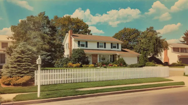 a house in the suburbs with a white picket fence