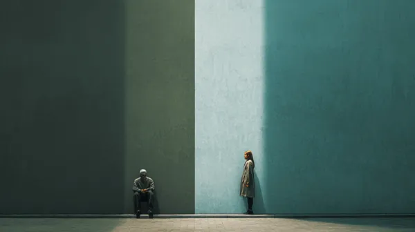 A man and a woman far apart leaning against a wall. Half is dark green and the woman stands in the lit area, 