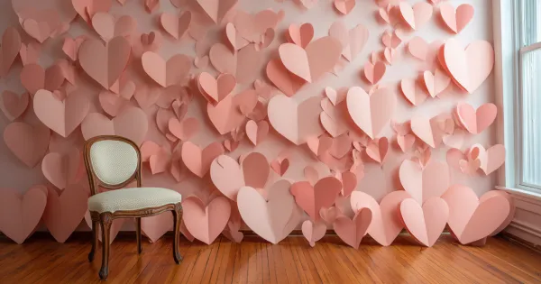 A wall of pink paper hearts and a lone chair on wooden floor. 